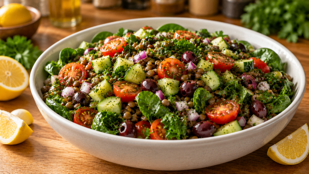 Mediterranean Lentil Lunch Bowl with lentils, cucumber, tomatoes, spinach, olives, and fresh herbs.