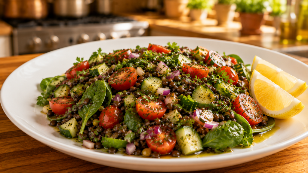 Mediterranean lentil plate with black lentils, cherry tomatoes, cucumber, spinach, herbs, and lemon.