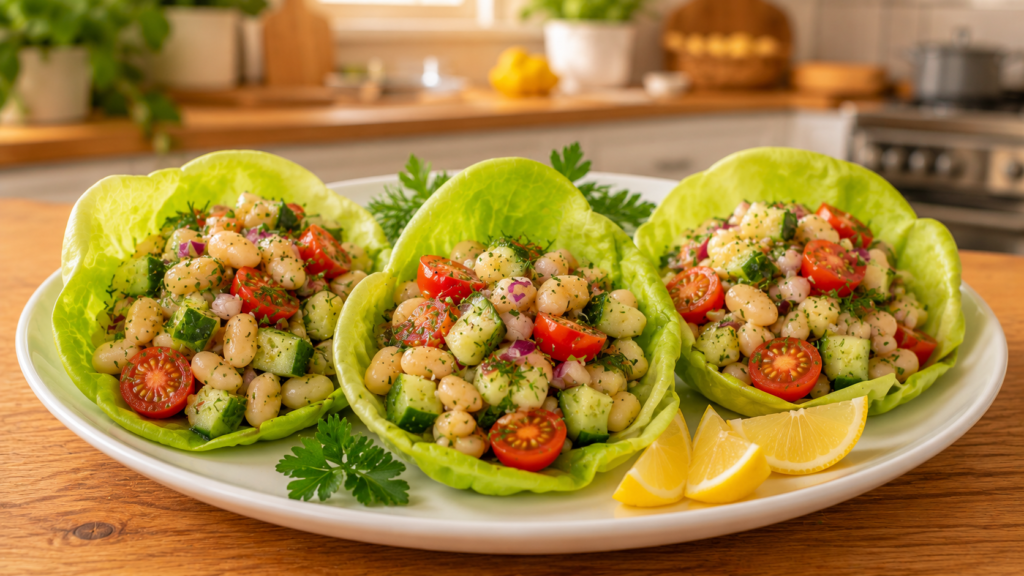 Mediterranean white bean lettuce wraps filled with fresh vegetables and herbs on a white serving plate.