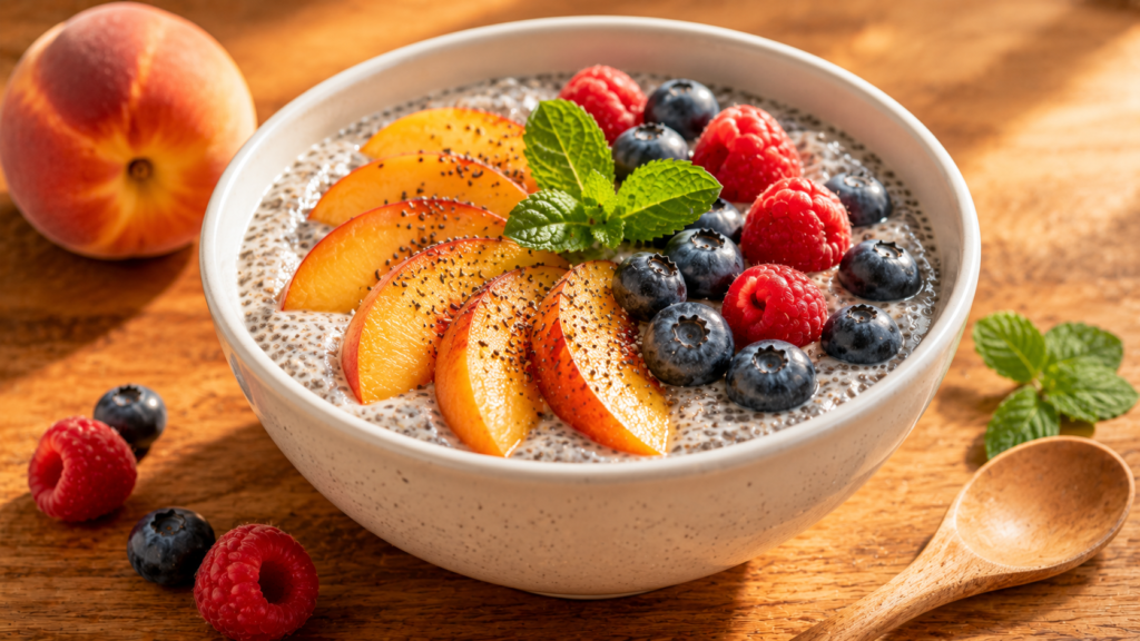 Peach and berry chia breakfast bowl topped with fresh peaches, blueberries, raspberries, chia seeds, and mint.