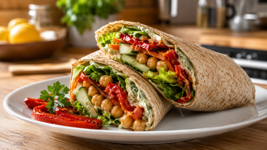 Roasted Red Pepper Chickpea Wrap filled with chickpeas, roasted red peppers, fresh vegetables, and herbs.