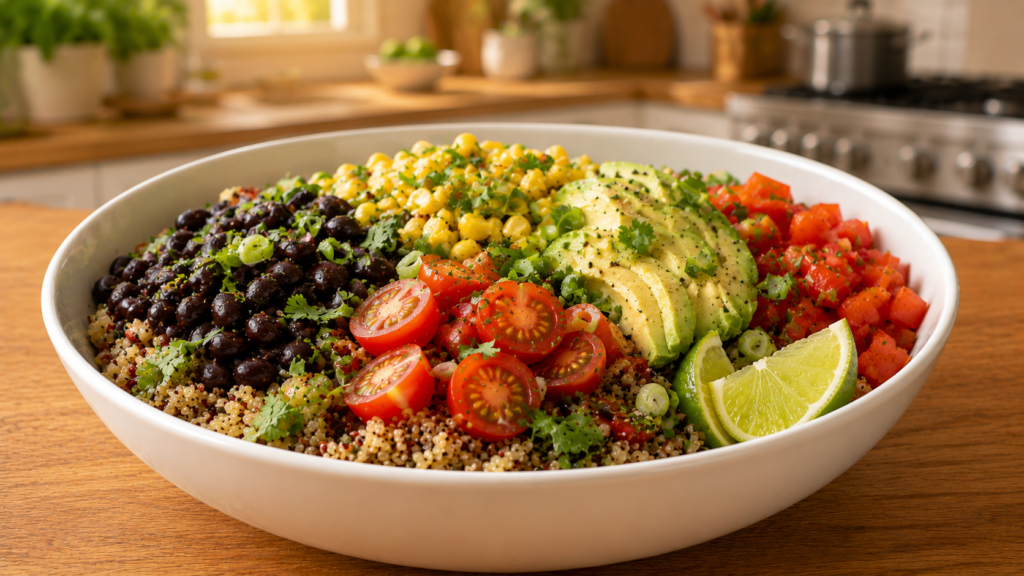 A colorful Southwest quinoa and black bean bowl with avocado, vegetables, and lime.