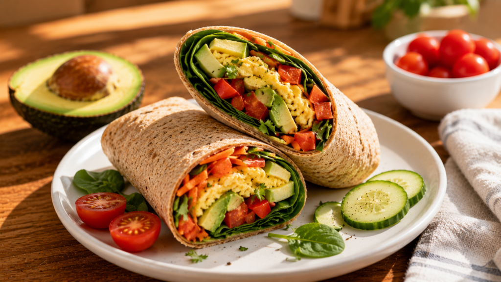 Whole wheat breakfast wrap filled with eggs, spinach, avocado, tomatoes, cucumber, and shredded carrots.