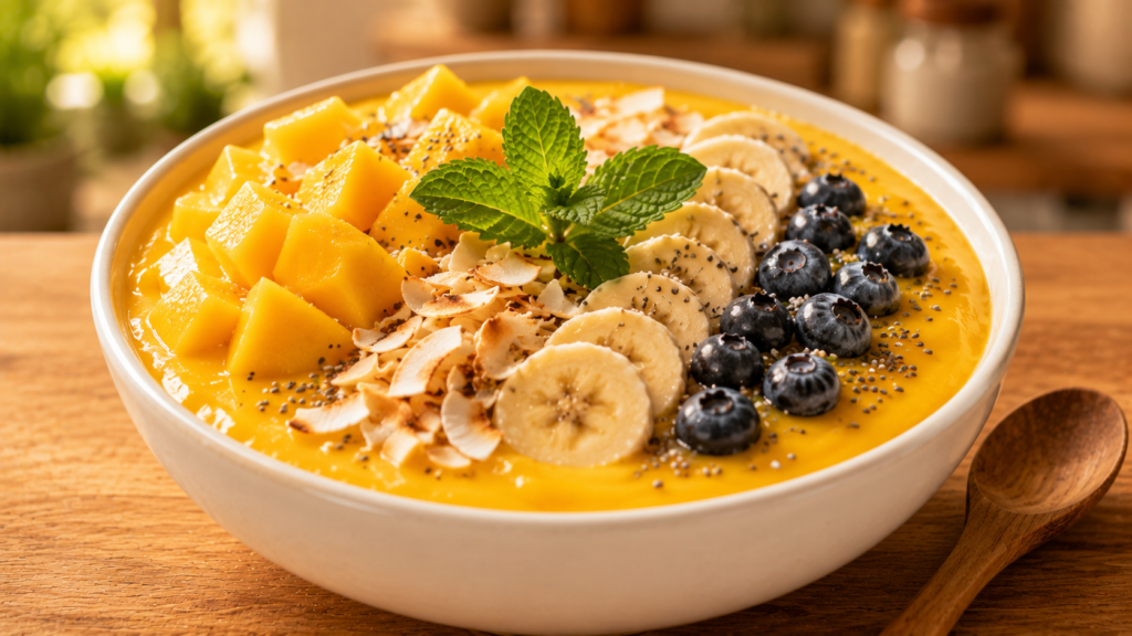Tropical mango coconut smoothie bowl topped with fresh fruit and coconut flakes.