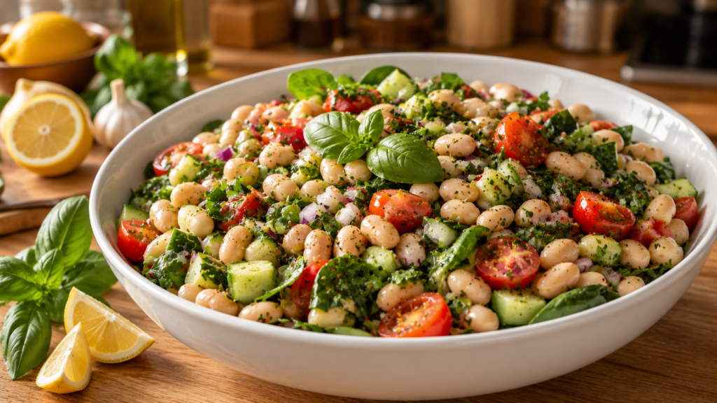 Tuscan White Bean Salad with cannellini beans, tomatoes, cucumber, spinach, basil, and parsley.
