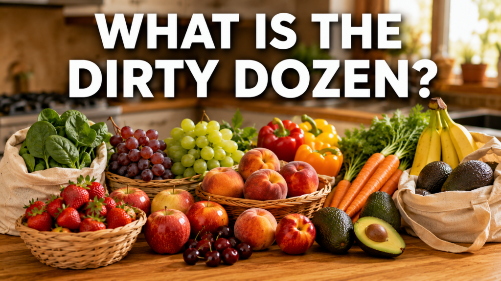 Fresh fruits and vegetables featured in an educational article explaining the Dirty Dozen produce shopping guide