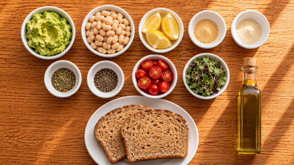 Ingredients arranged in bowls for making Avocado White Bean Breakfast Toast.