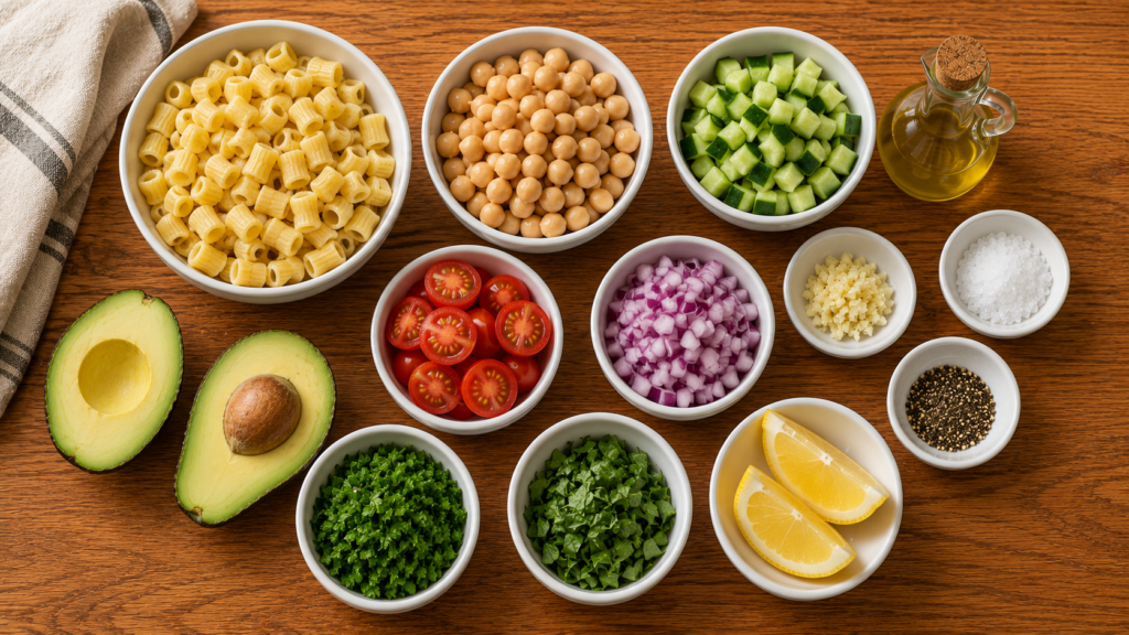 Fresh ingredients arranged for creamy avocado chickpea pasta salad.