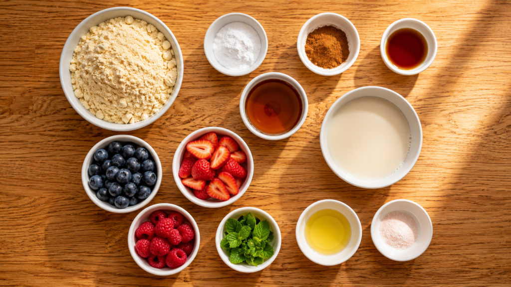 Ingredients arranged in white bowls for making fresh berry chickpea pancakes.