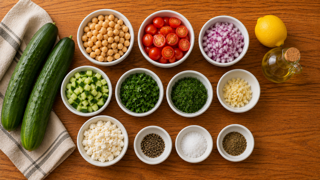Ingredients for Greek Chickpea Stuffed Cucumbers arranged in small white bowls on a wooden countertop.