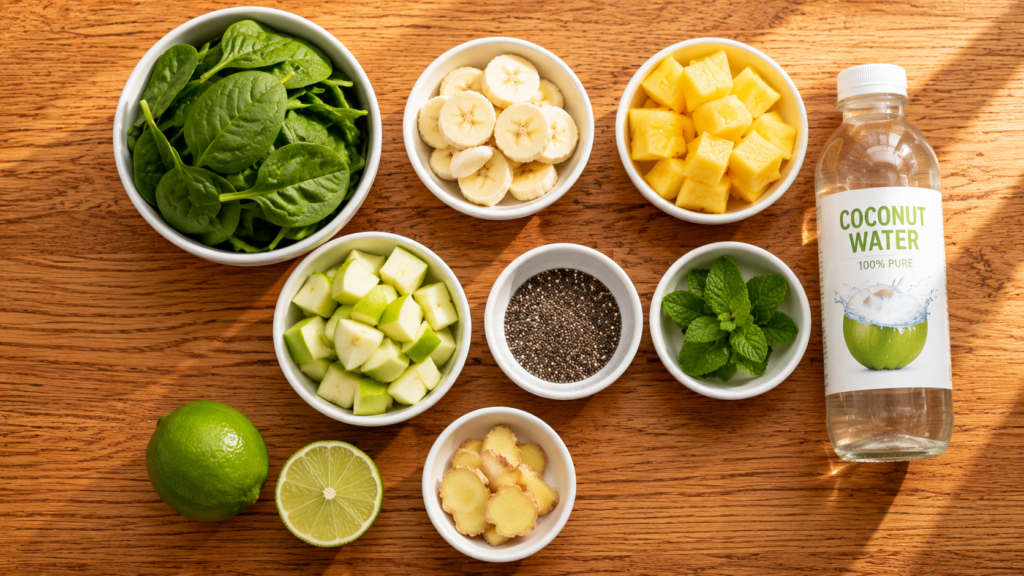 Fresh ingredients arranged in bowls for making a Green Goddess Breakfast Smoothie.