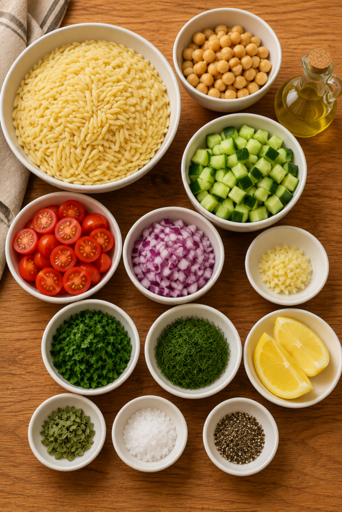 Fresh ingredients for a lemon herb chickpea orzo salad arranged in small bowls.