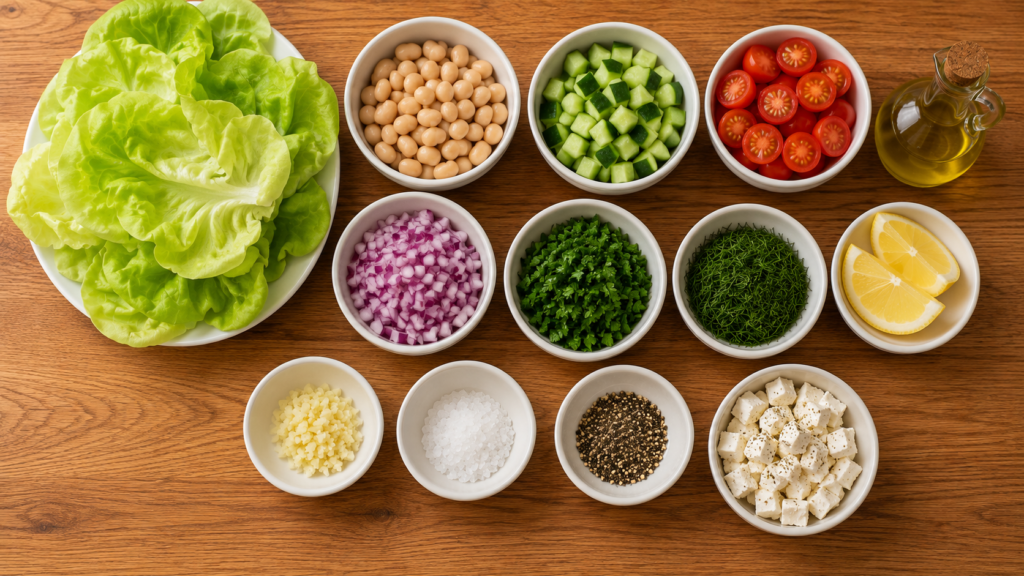 Fresh ingredients arranged in bowls for Mediterranean white bean lettuce wraps.