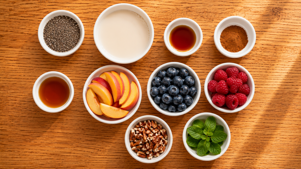 Ingredients arranged in white bowls for making a Peach & Berry Chia Breakfast Bowl.