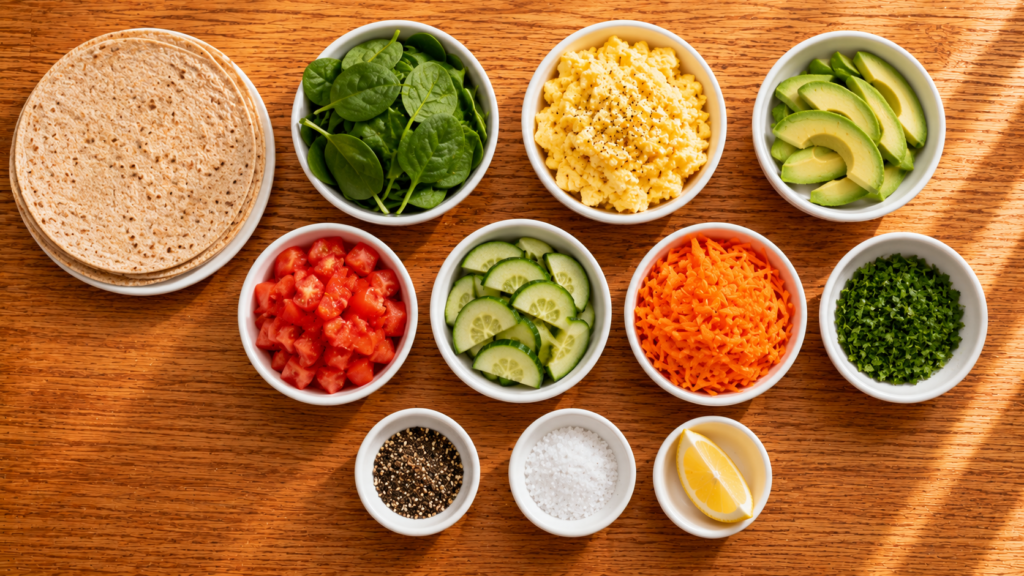 Fresh ingredients arranged in bowls for making a Summer Garden Breakfast Wrap.