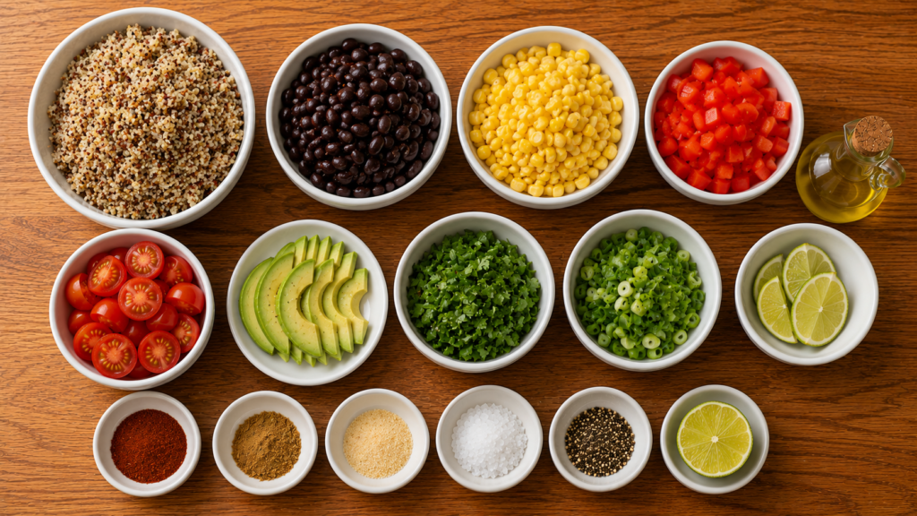 Ingredients for Southwest Quinoa & Black Bean Bowl arranged in small white bowls.
