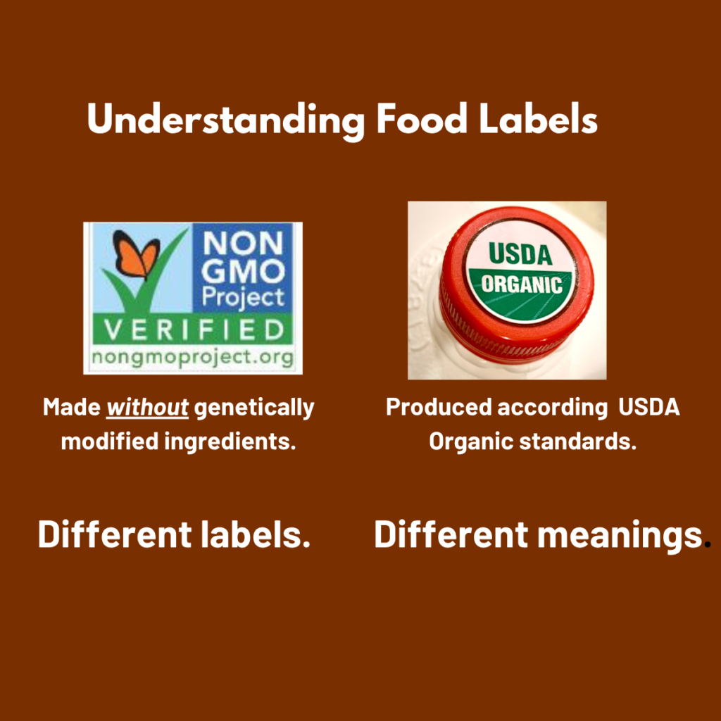 Comparison of the Non-GMO Project Verified label and the USDA Organic certification showing that they represent different standards.