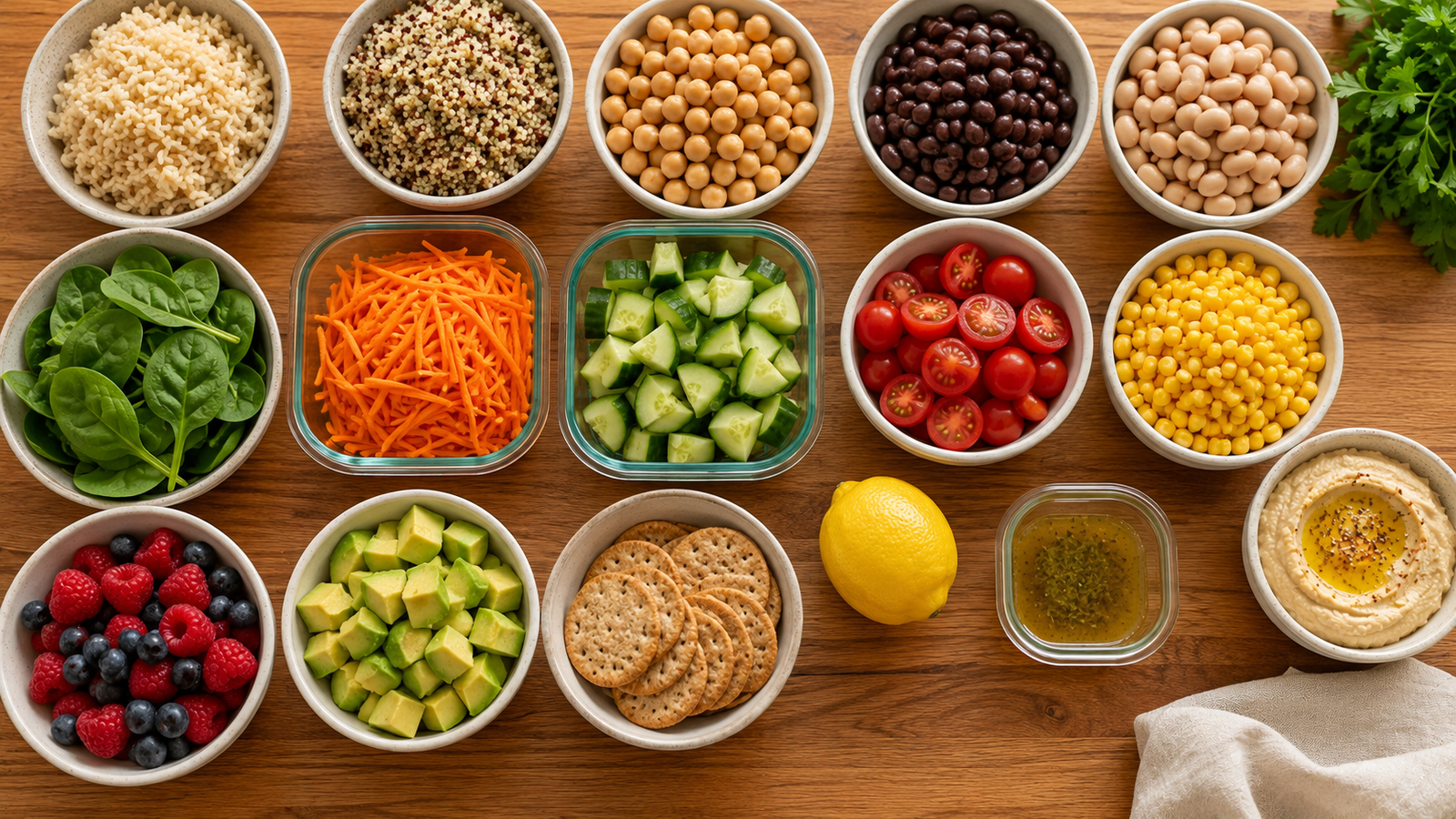 Ingredients for quick lunches including grains, beans, vegetables, hummus and fruit
