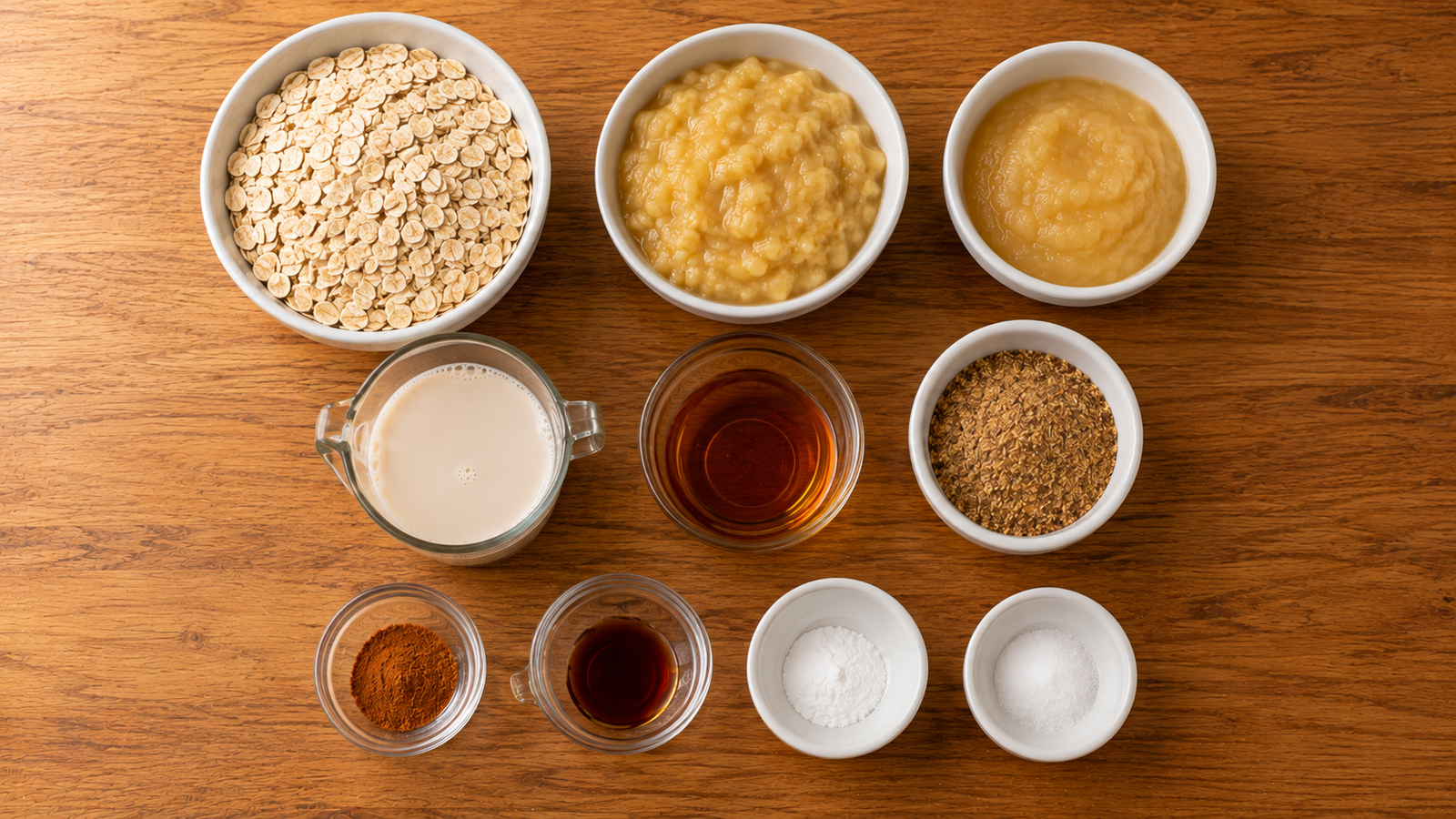 Ingredients for banana oat breakfast bars including oats, ripe bananas, applesauce and cinnamon