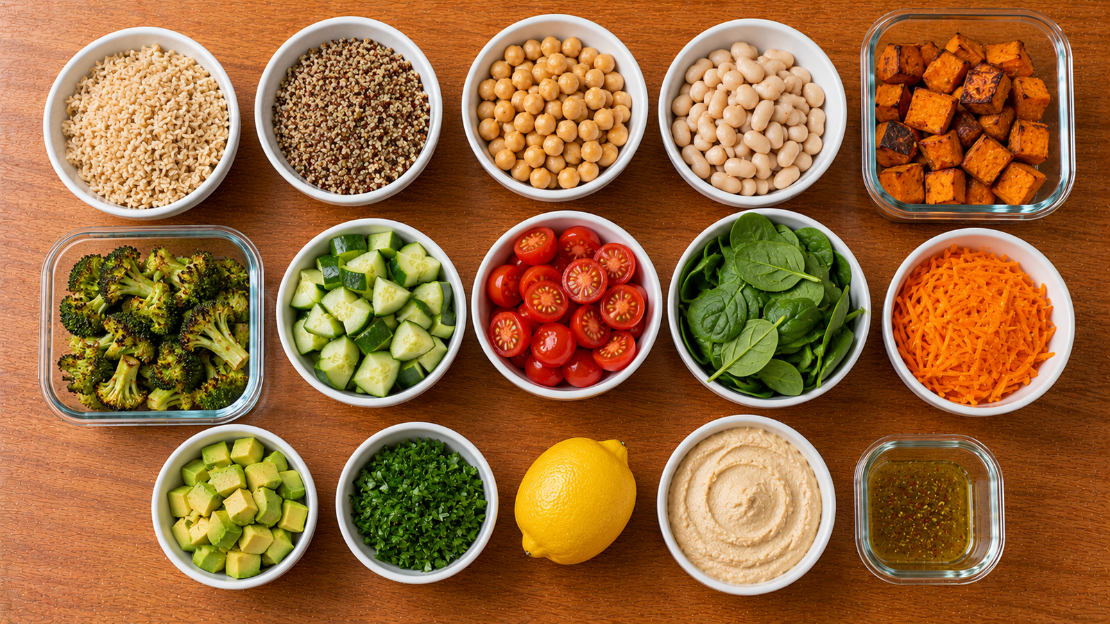 Ingredients for easy work lunches including grains, beans and colorful vegetables