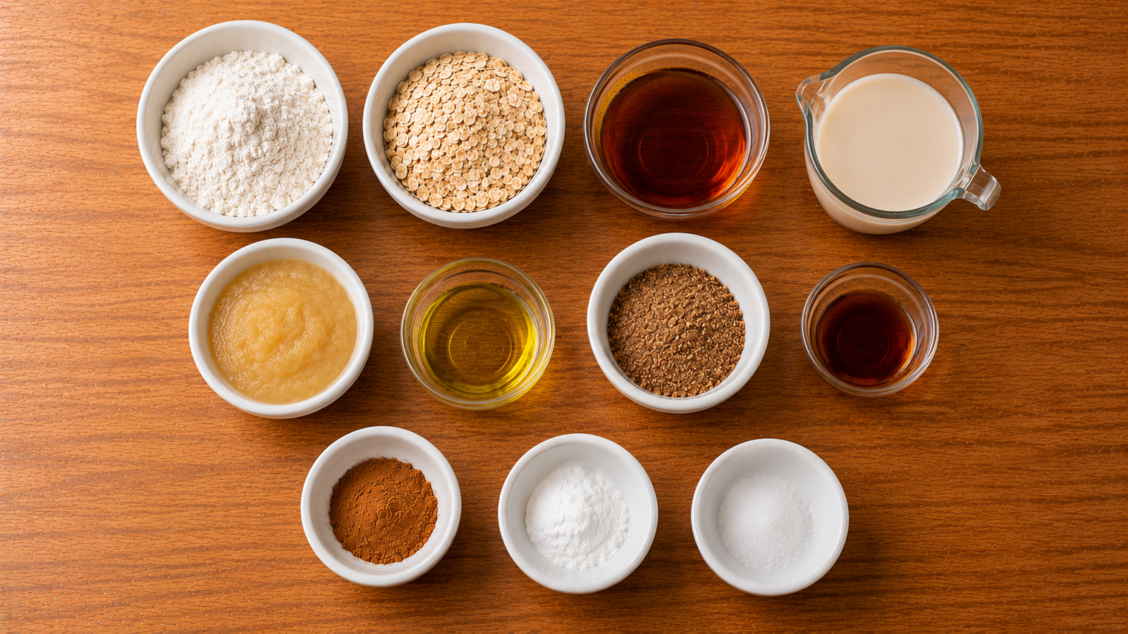 Ingredients for maple cinnamon waffles including flour, oats, maple syrup and cinnamon