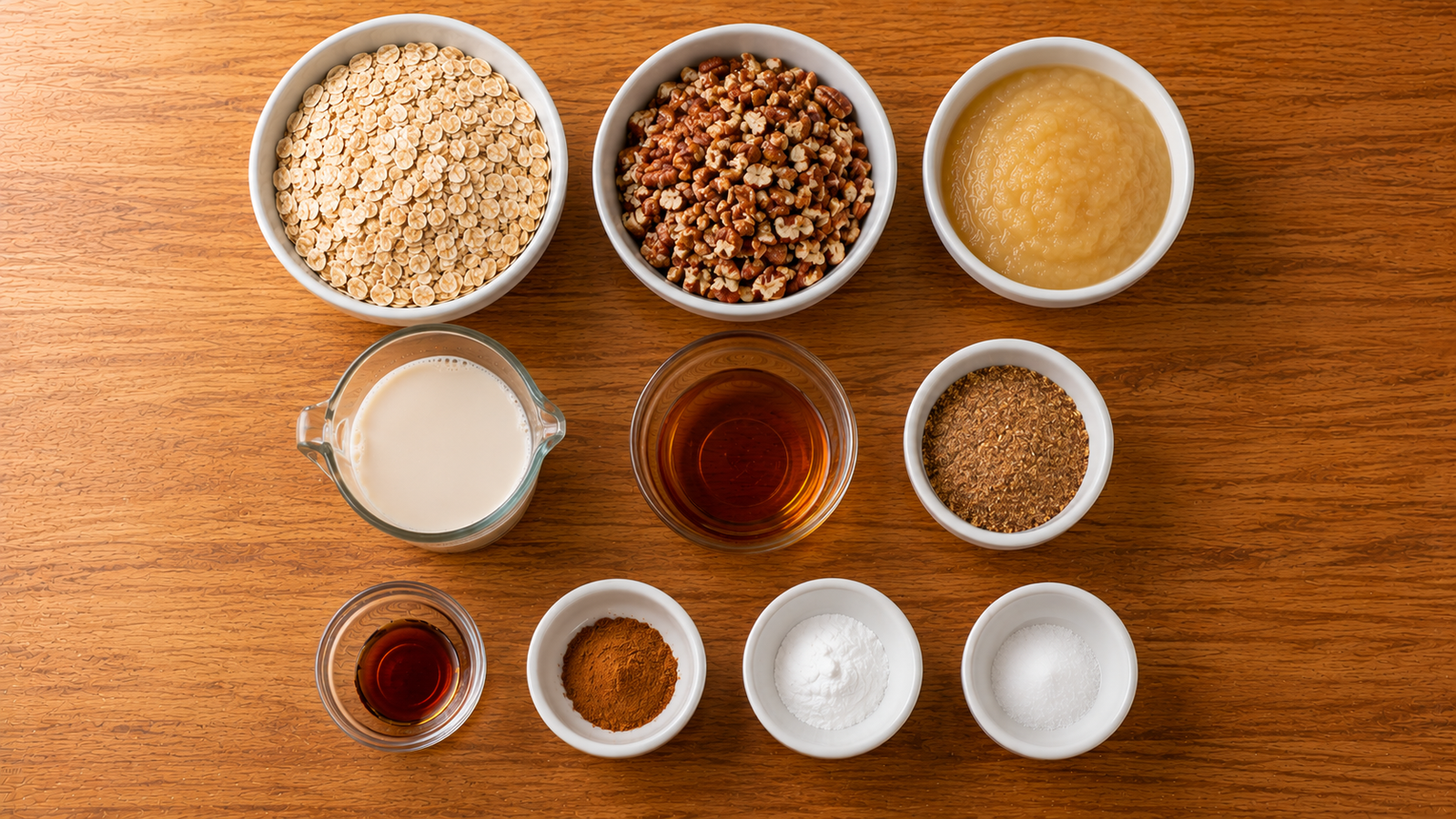 Ingredients for maple pecan breakfast bars including oats, pecans, applesauce and maple syrup