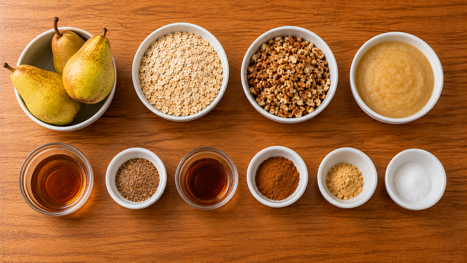 Ingredients for pear walnut breakfast crisp including fresh pears, oats, walnuts and maple syrup