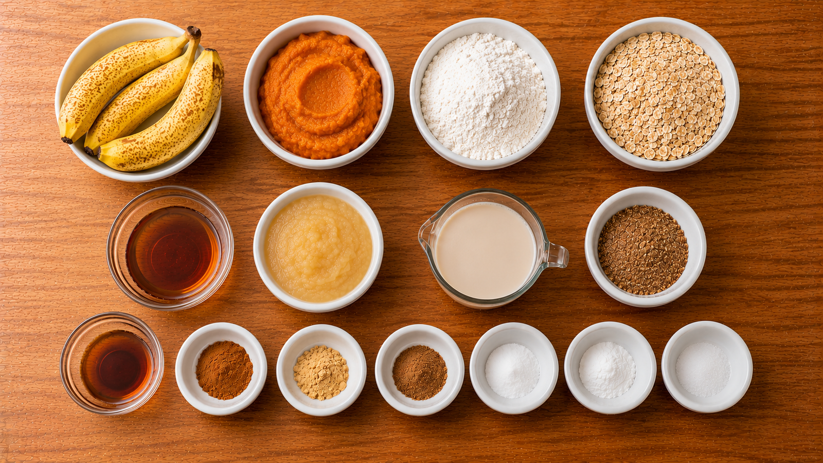 Ingredients for pumpkin banana bread including ripe bananas, pumpkin puree, flour and oats