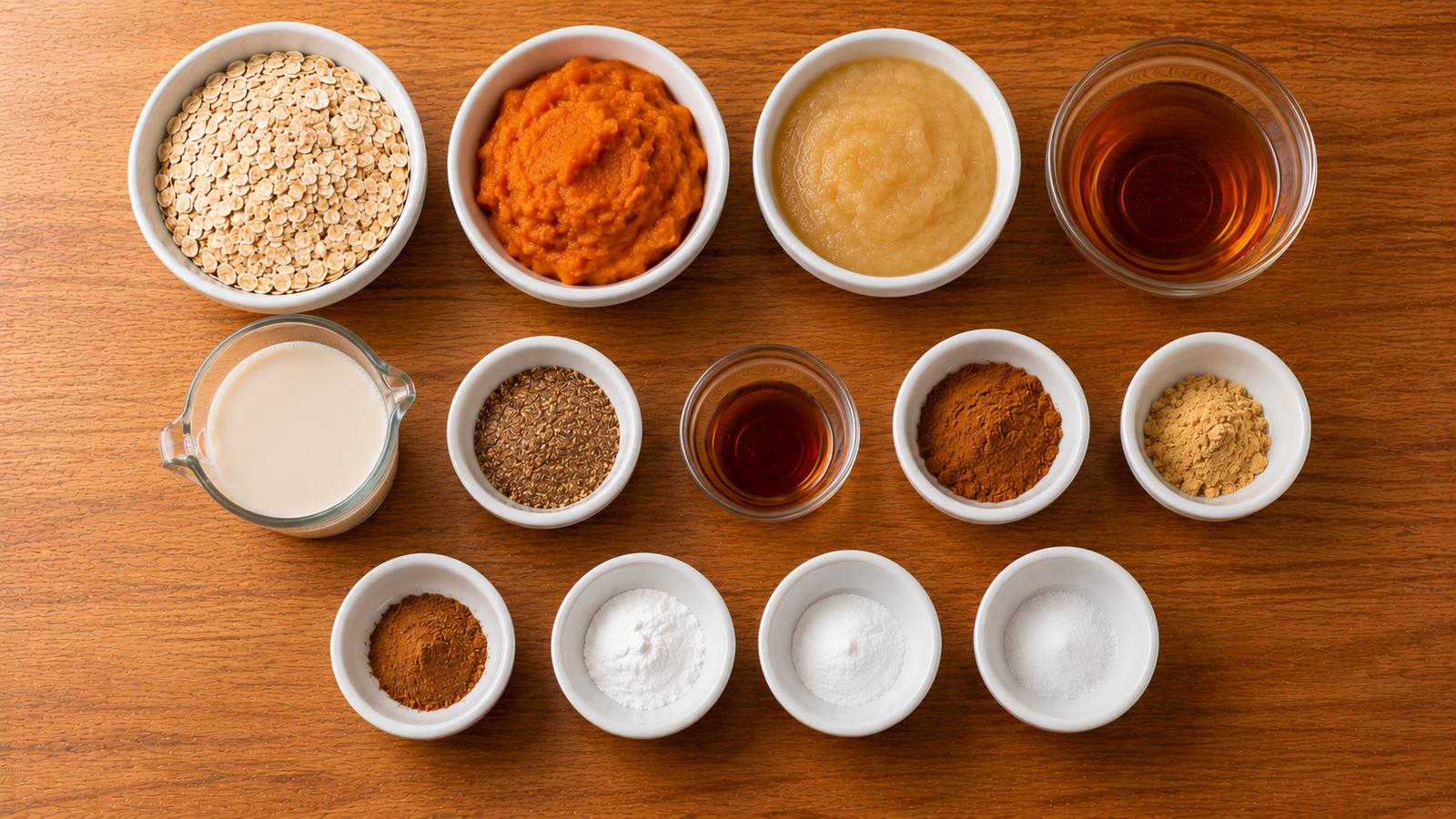Ingredients for pumpkin oat breakfast muffins including pumpkin puree, oats, applesauce and maple syrup