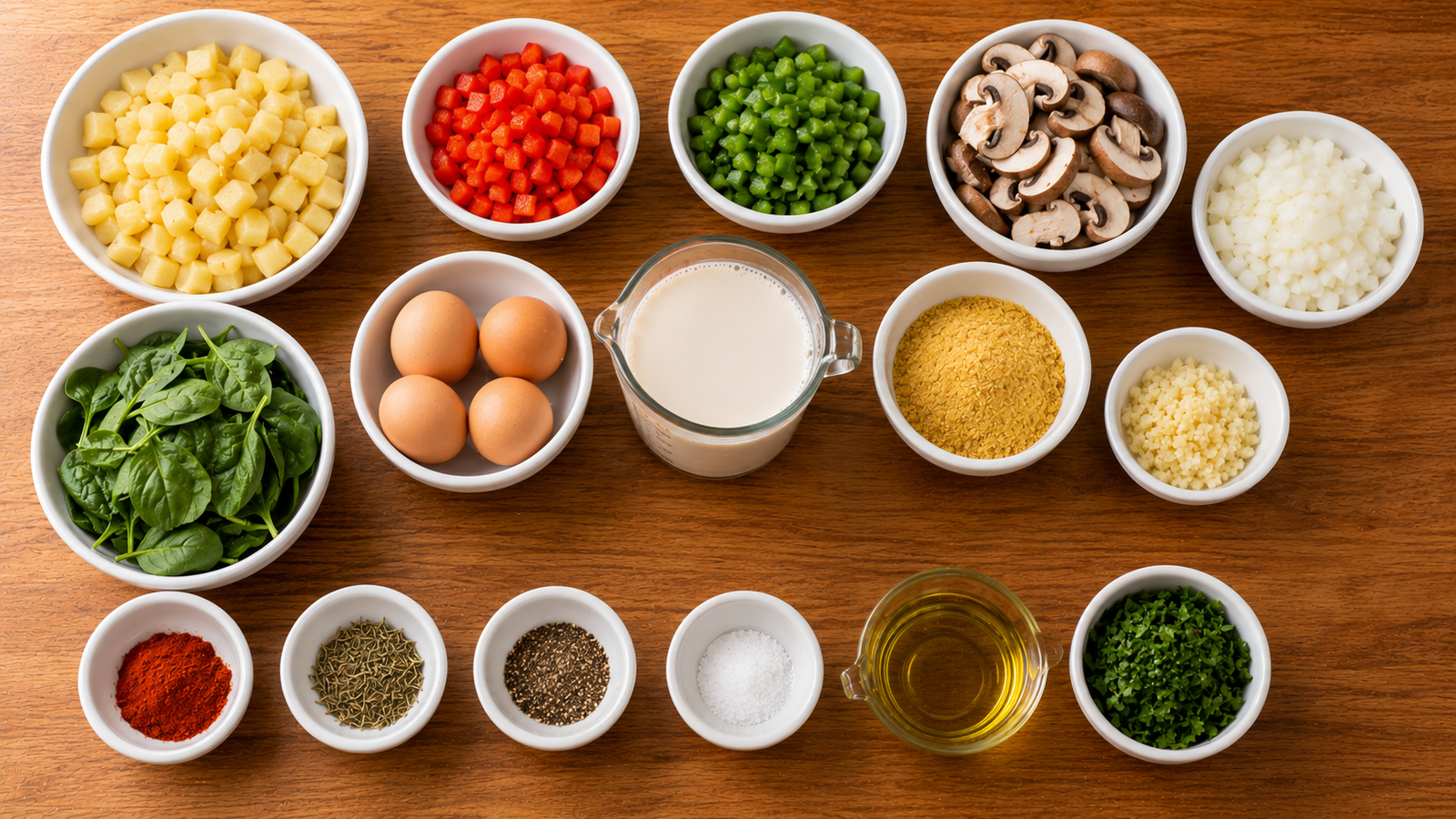 Ingredients for savory veggie breakfast casserole including eggs, potatoes, peppers, mushrooms and spinach