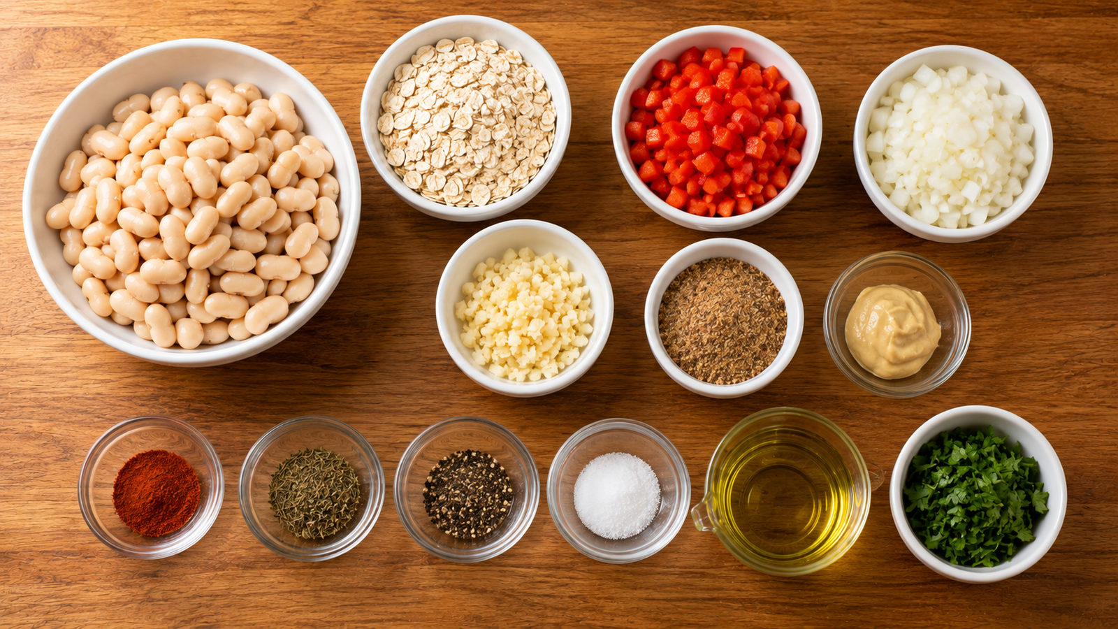Ingredients for savory white bean breakfast patties including cannellini beans, oats, bell pepper and seasonings