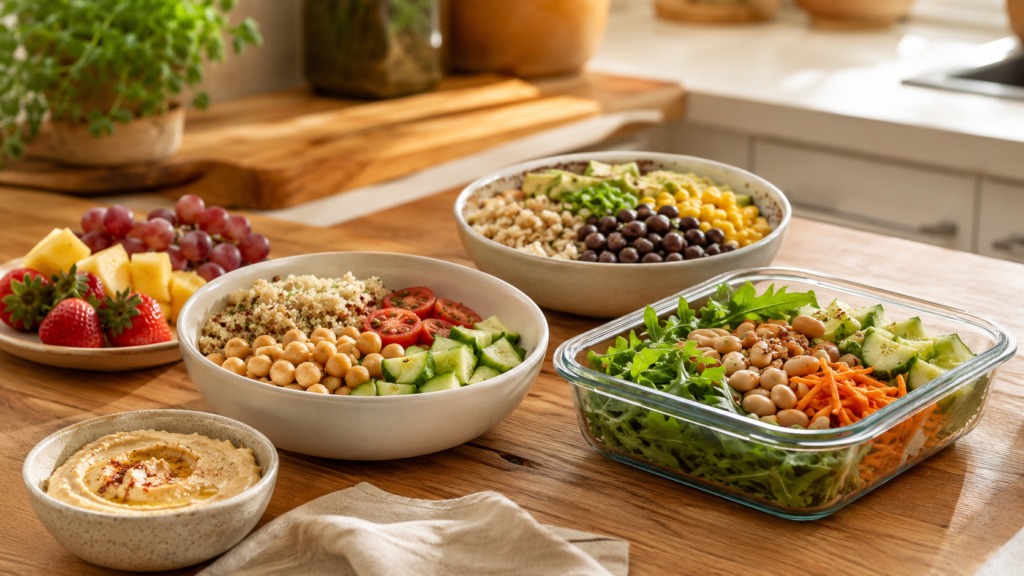 Quick lunch ideas with grain bowls, beans, vegetables, hummus and fresh fruit