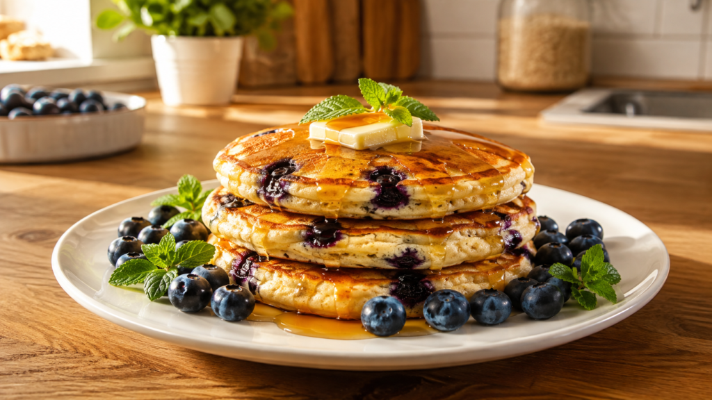 Stack of fluffy almond flour blueberry pancakes topped with fresh blueberries and maple syrup.