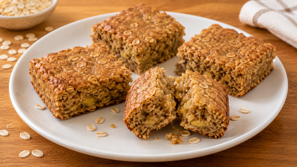 Soft baked banana oat breakfast bars with golden edges and visible rolled oats