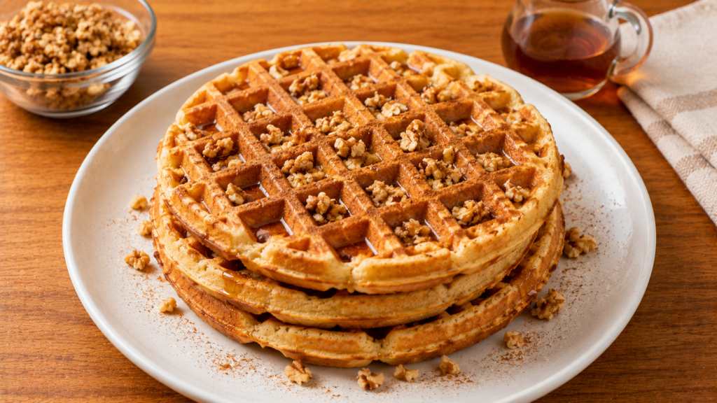Golden maple cinnamon waffles with pure maple syrup and warm cinnamon