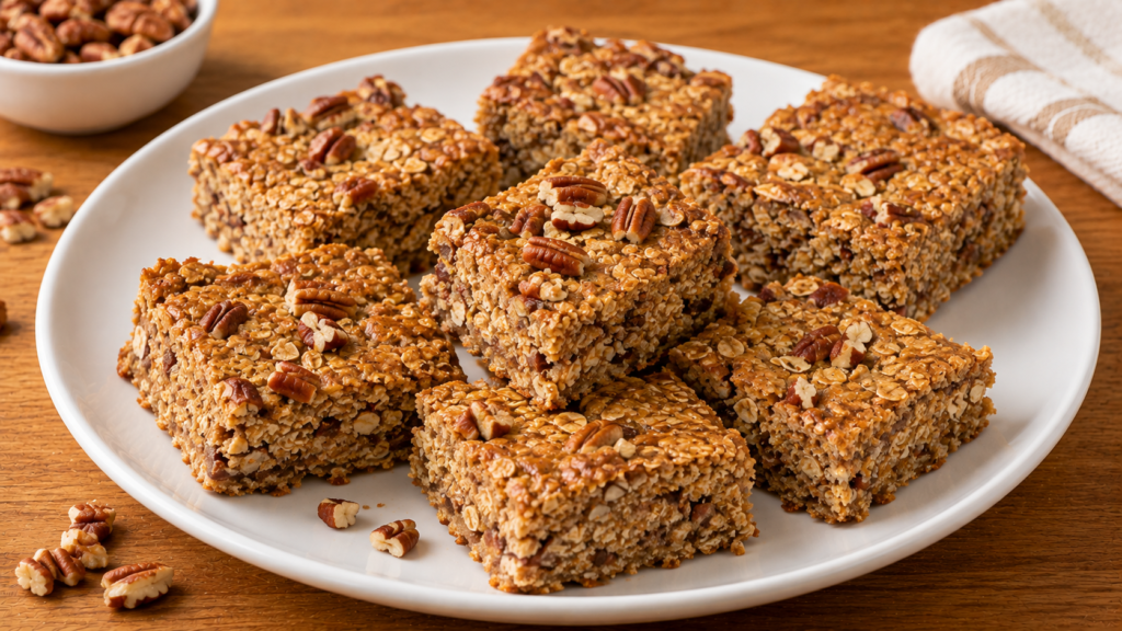 Golden maple pecan breakfast bars with rolled oats and chopped pecans