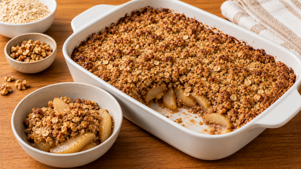 Warm pear walnut breakfast crisp with baked pears, rolled oats and chopped walnuts