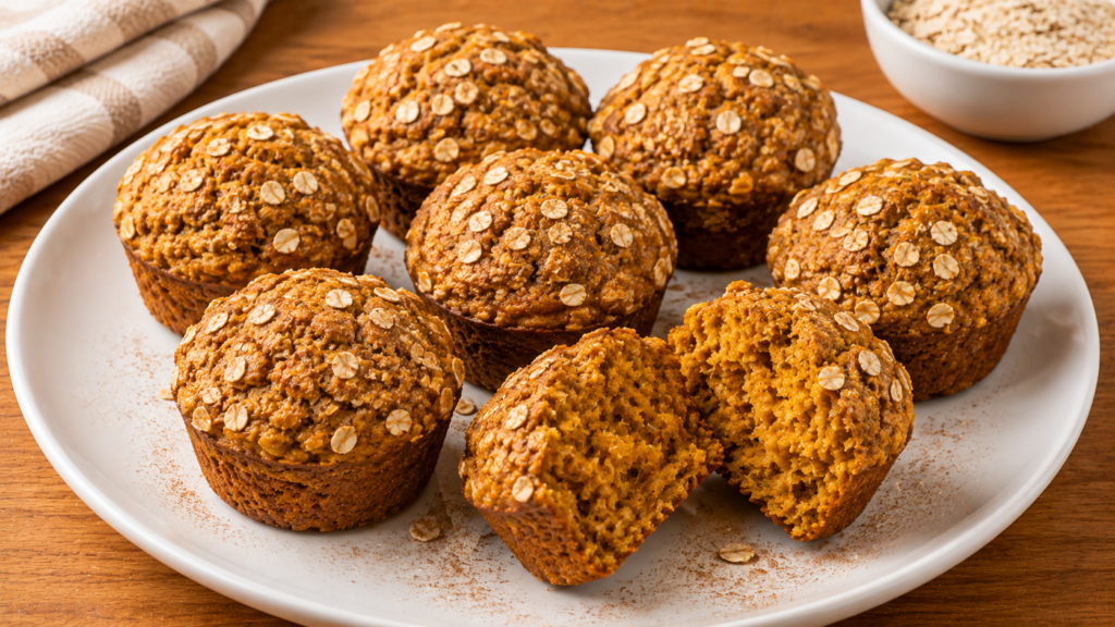 Soft pumpkin oat breakfast muffins with rolled oats and warm cinnamon