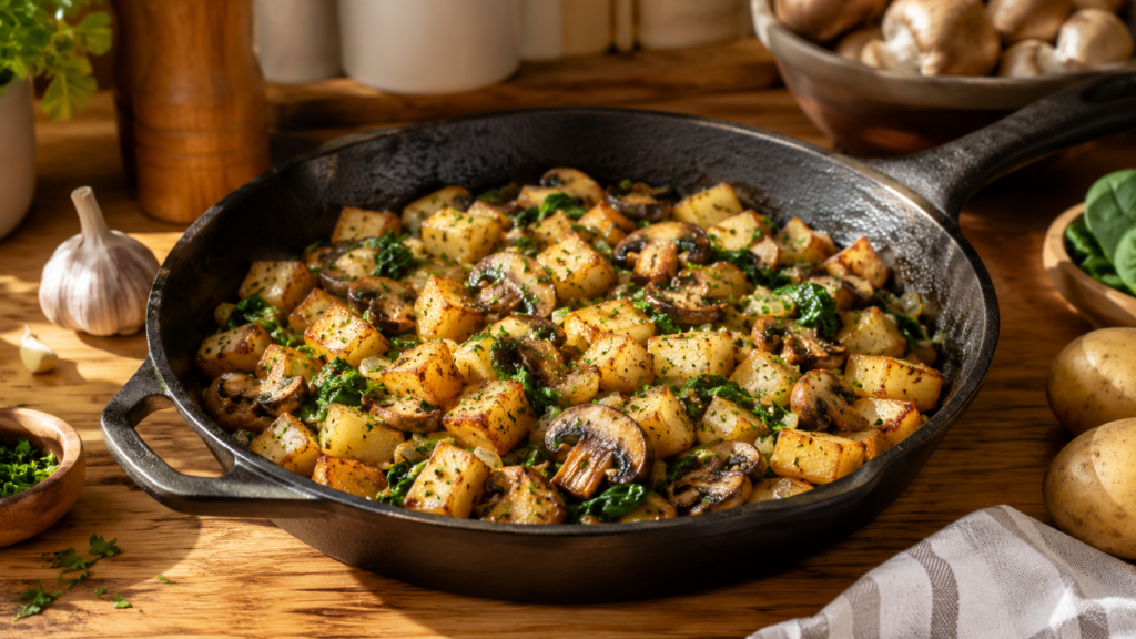 Savory Mushroom Potato Breakfast Skillet with mushrooms, potatoes, spinach, and parsley.