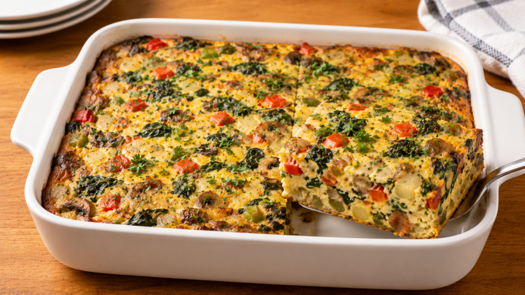 Savory veggie breakfast casserole with potatoes, peppers, mushrooms and spinach
