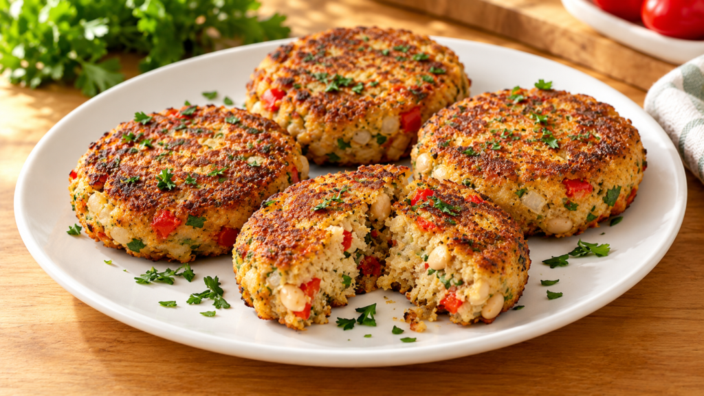 Golden savory white bean breakfast patties with vegetables and fresh parsley