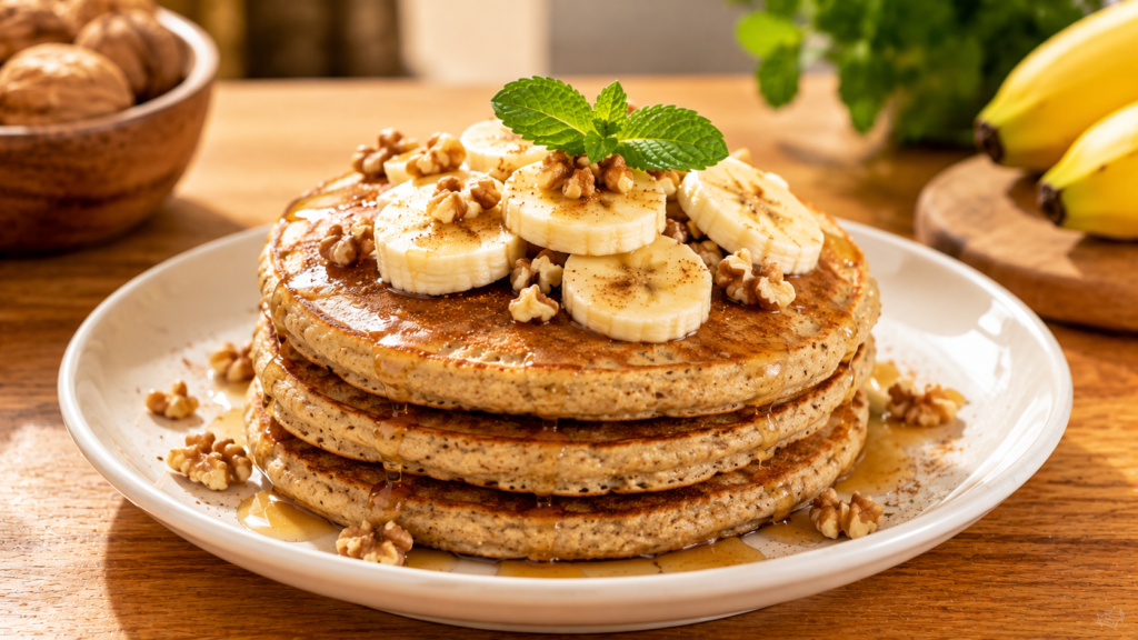 Banana Walnut Oat Pancakes topped with sliced bananas, walnuts, and maple syrup.