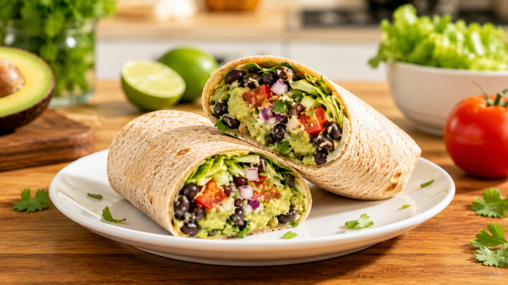 Creamy Avocado Black Bean Wrap filled with fresh vegetables and black beans.
