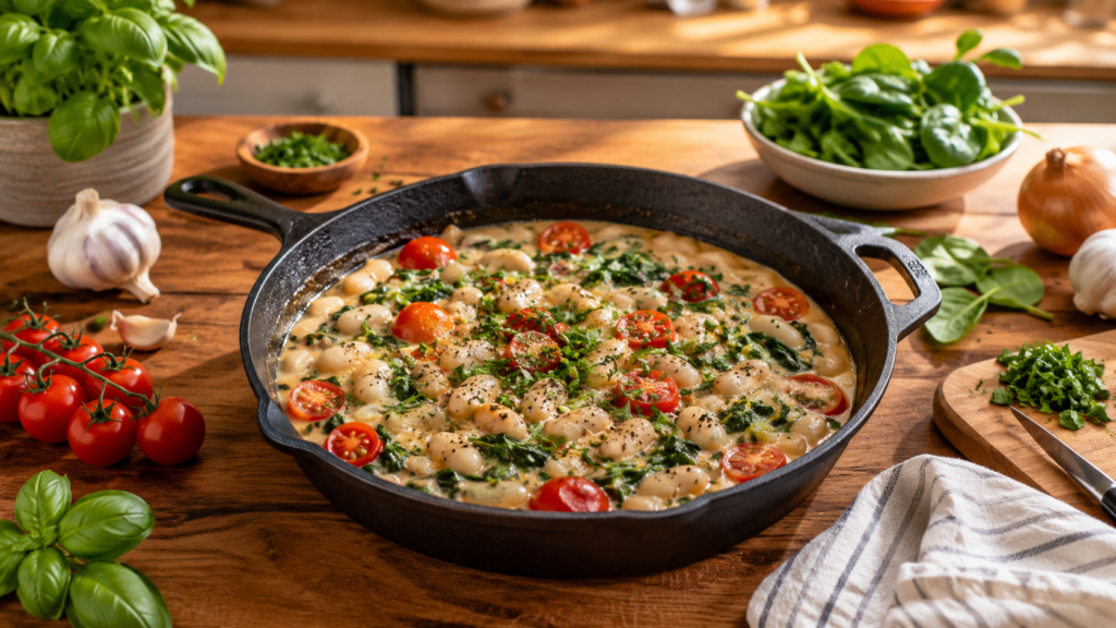 Creamy Tuscan Butter Bean Skillet with butter beans, spinach, tomatoes, and herbs.