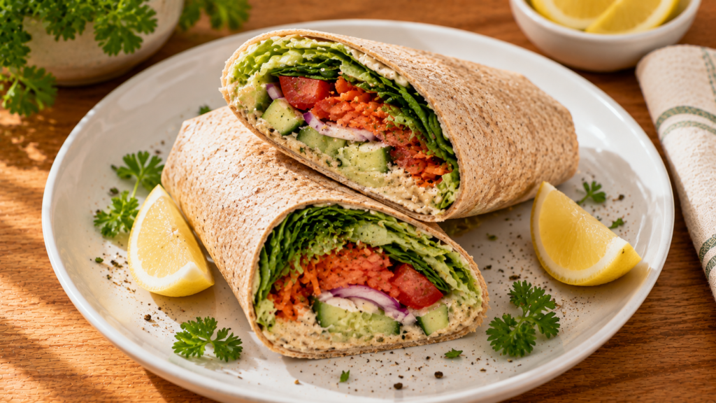 Creamy White Bean Veggie Wrap filled with fresh vegetables and creamy white bean spread.
