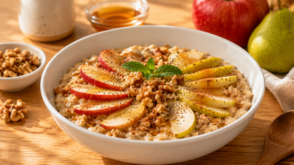 Harvest Apple Pear Breakfast Bowl topped with fresh apples, pears, walnuts, chia seeds, and cinnamon.