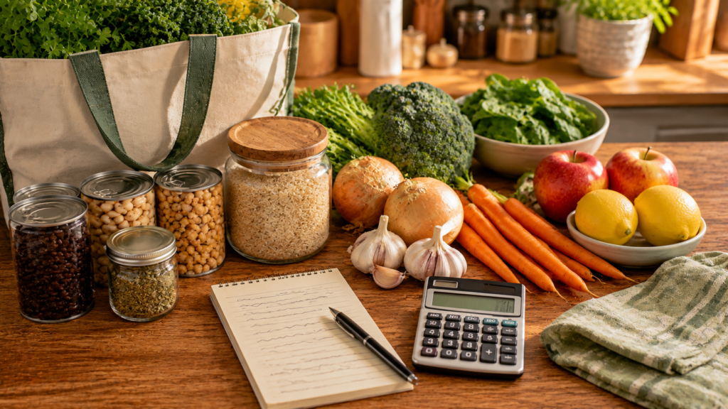 A handwritten grocery list beside fresh produce and pantry staples on a kitchen countertop.