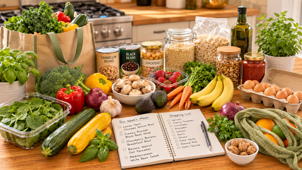A weekly grocery haul organized on a kitchen countertop with fresh produce and pantry staples.