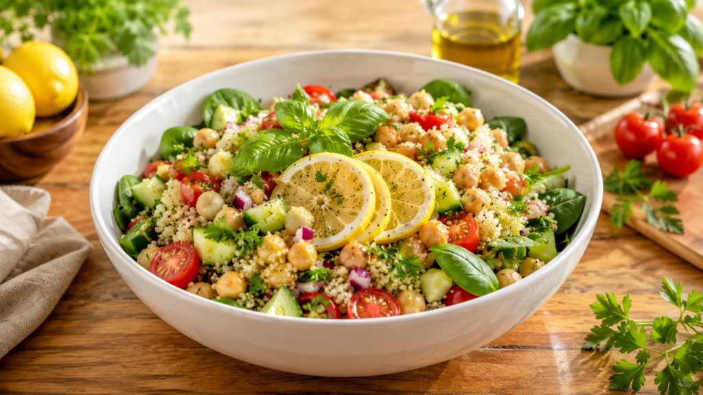 Lemon Herb Chickpea Quinoa Bowl with fresh vegetables, herbs, and quinoa.