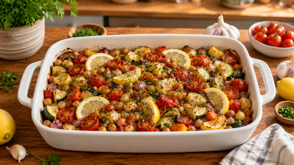 Lemon Herb Chickpea Vegetable Bake with roasted vegetables, chickpeas, lemon, and herbs.